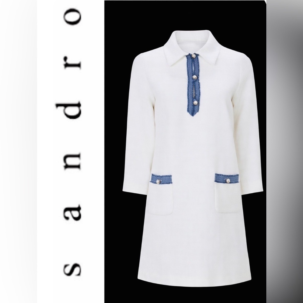 Sandro White Mini Dress with Blue Trim